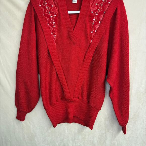 Steven Christine Other - Vintage 80s Eric Steven Red Embellished V-Neck Sweater Shawl Yoke Women’s M